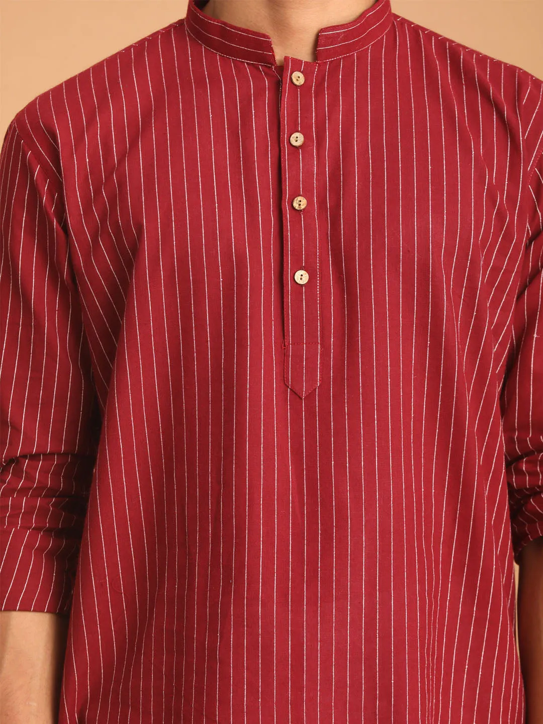 Maroon Striped Cotton Men's Short Kurta